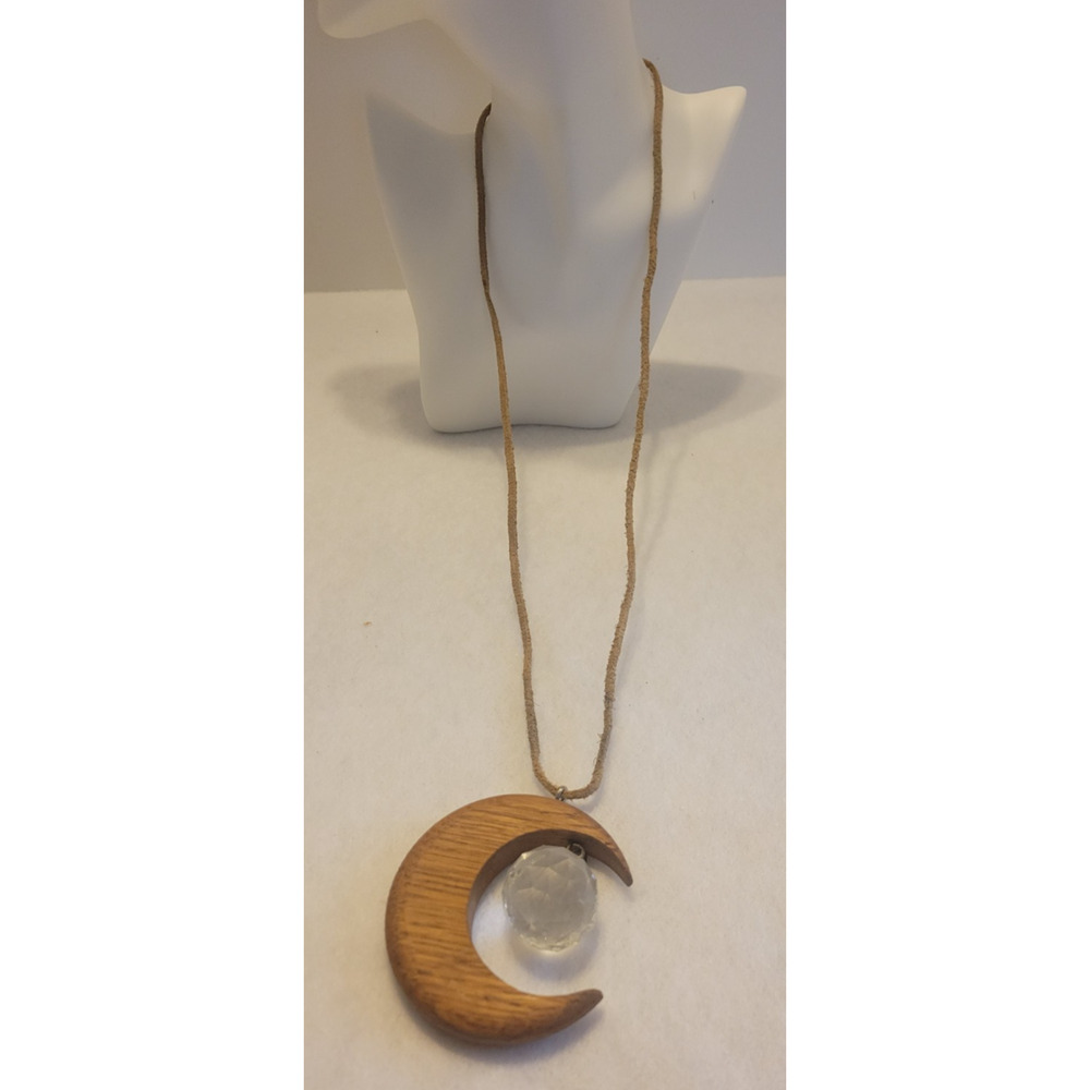 Faceted Crystal Boho Necklace Wooden Crescent Moon Pendant‎ Statement Jewelry
